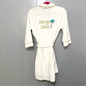 Pillow Talk White Gold Vacay Vibes Embroidered Tropical Waist Wrap Mini Robe M